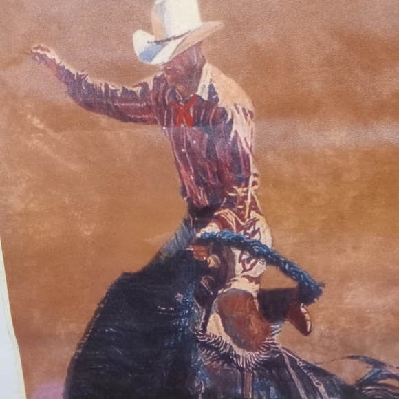 Vintage Wall Scroll Art on Canvas Cowboy on Bucking Horse 19X34" long - Picture 3 of 4